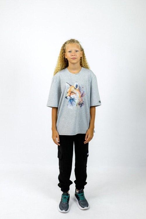 Літня футболка оверсайз для дівчат — принт лисиці, сірий меланж